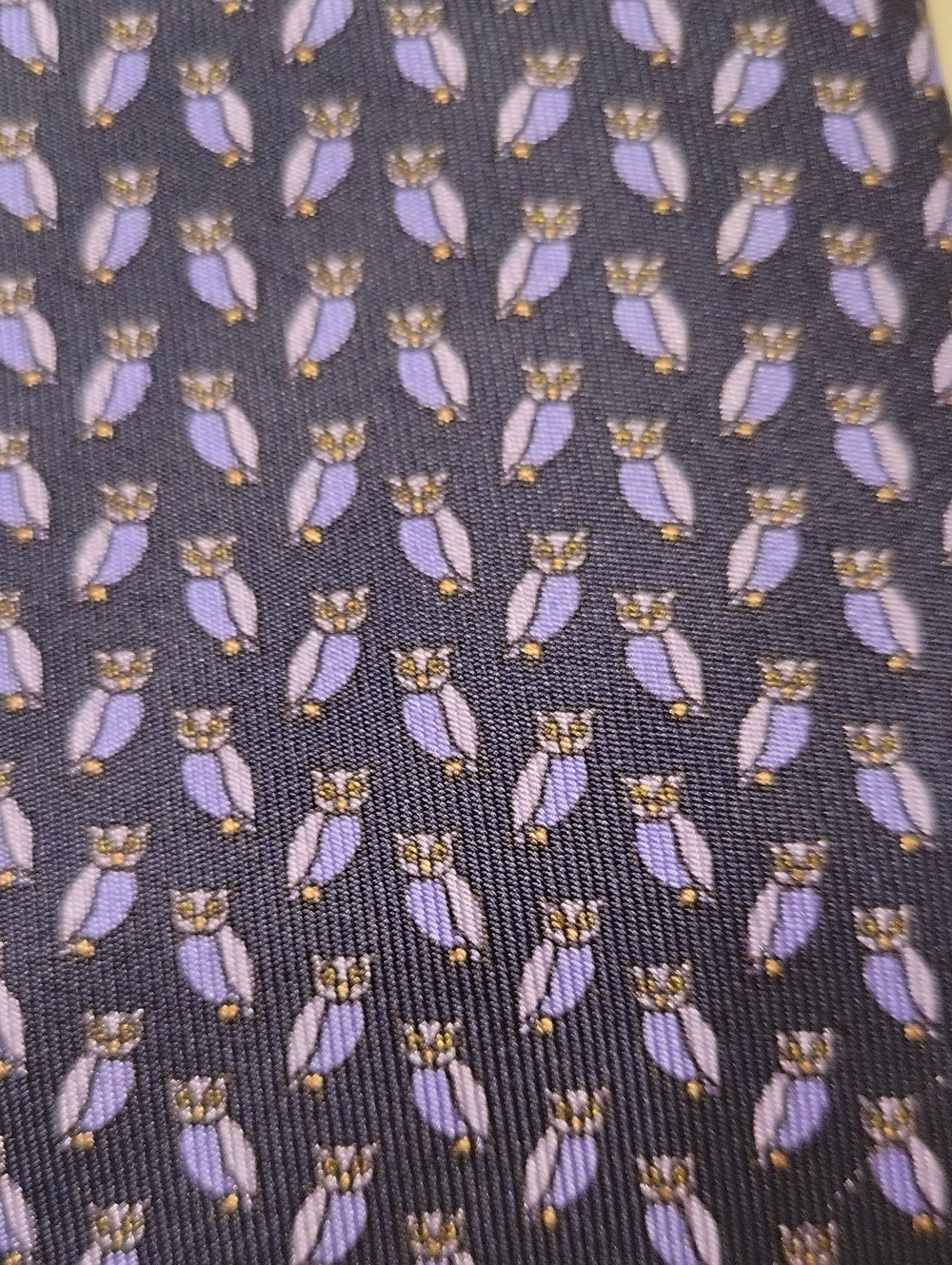 Saks Fifth Avenue Navy Tie with Whimsical Lavender Owl Motif